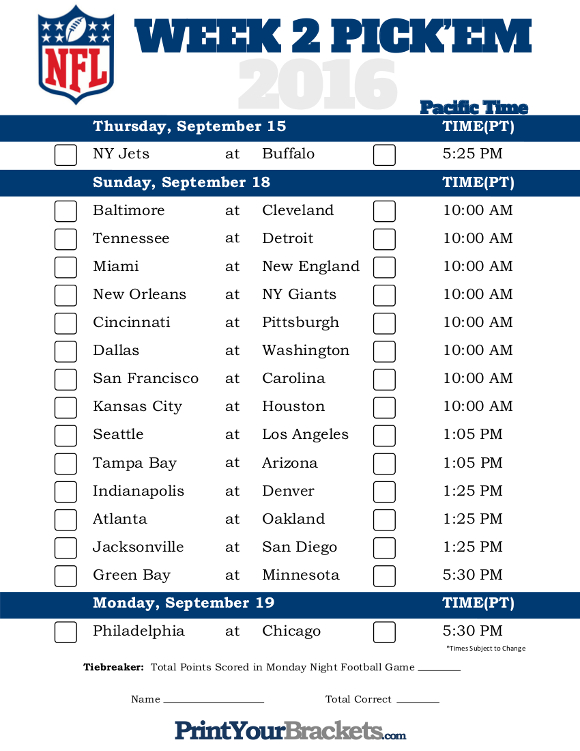 Pacific Time Week 2 NFL Schedule 2016 Printable