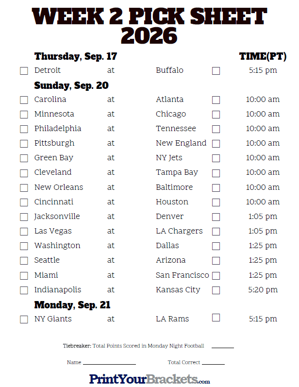 Week 2 Nfl Printable Schedule Printable Blank World