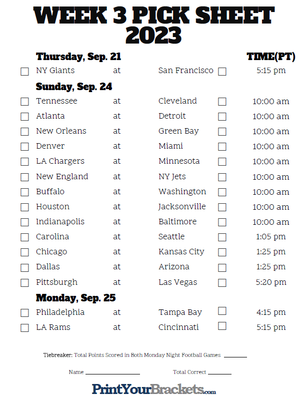 Week 3 NFL Schedule in Pacific Time Zone