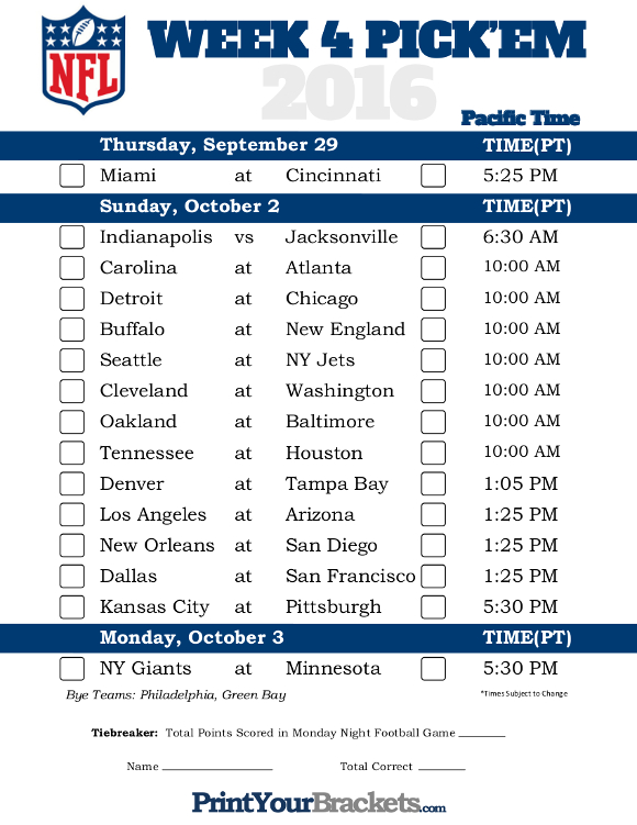 Pacific Time Week 4 NFL Schedule 2016 - Printable