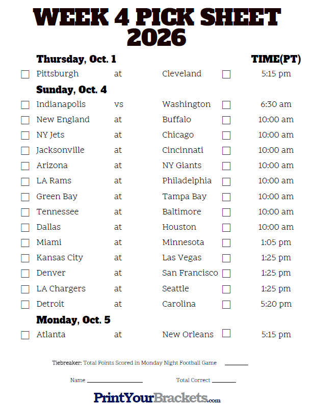 Pacific Time Week 4 NFL Schedule 2023 Printable