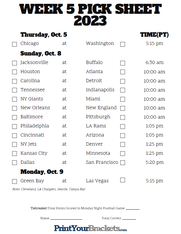 Pacific Time Week 5 NFL Schedule 2022 Printable