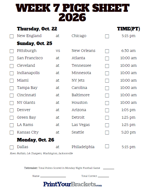 Pacific Time Week 7 NFL Schedule 2022 Printable