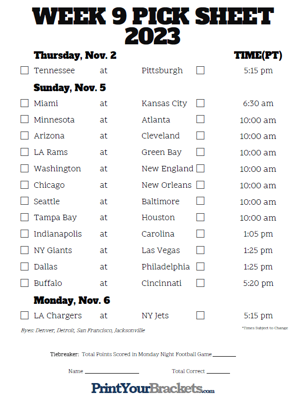 Week 9 NFL Schedule in Pacific Time Zone