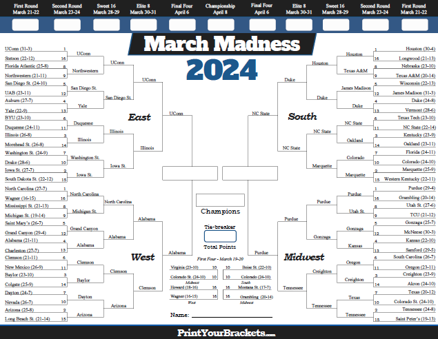 Printable March Madness Bracket