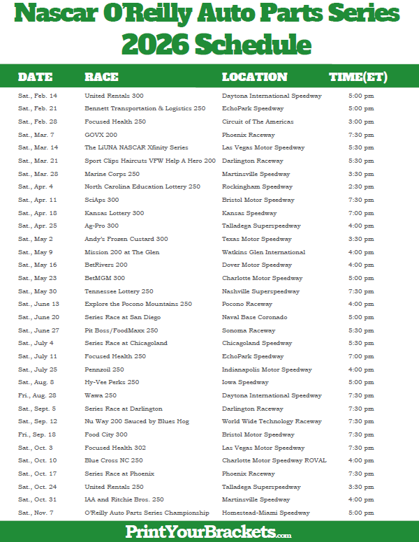 Printable Nascar O'Reilly Auto Parts Series Schedule