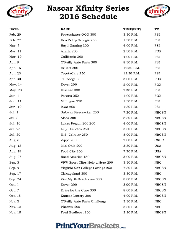 Printable Nascar Xfinity Series Schedule 2016