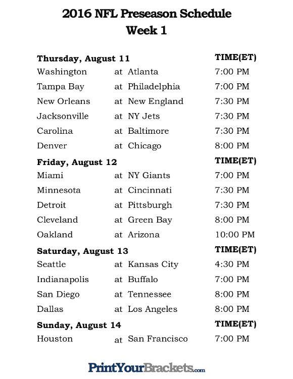 Printable 2016 NFL Preseason Schedule
