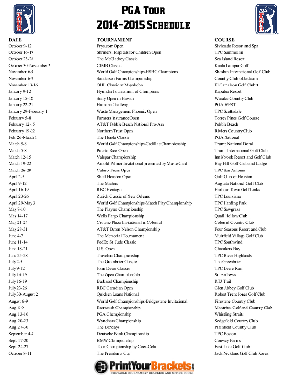 Printable PGA Tour Schedule