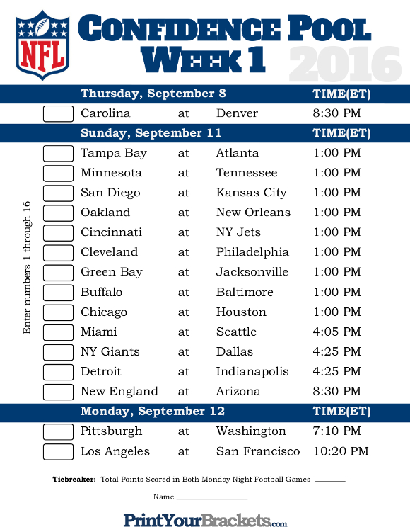 NFL Week 1 Confidence Pool Sheet Printable