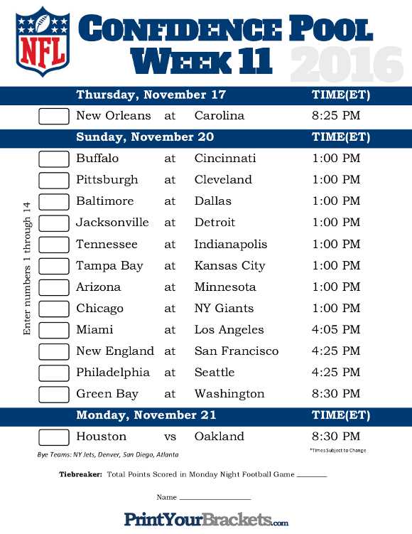 NFL Week 11 Confidence Pool Sheet Printable