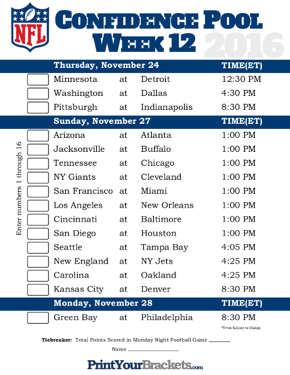 Nfl Week 12 Printable Schedule Customize and Print