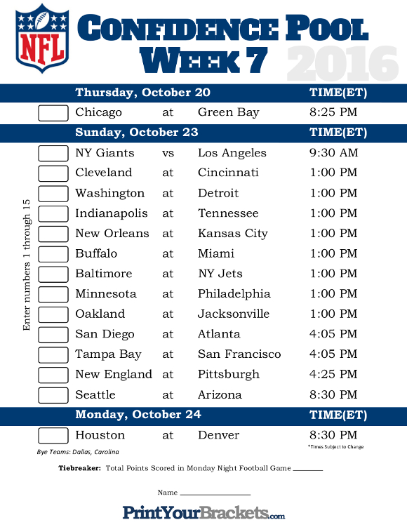 NFL Week 7 Confidence Pool Sheet Printable