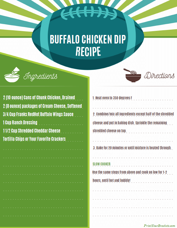 Printable Buffalo Chicken Dip Recipe for Super Bowl
