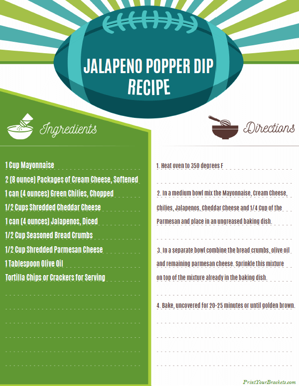 Printable Jalapeno Popper Dip Recipe for Super Bowl