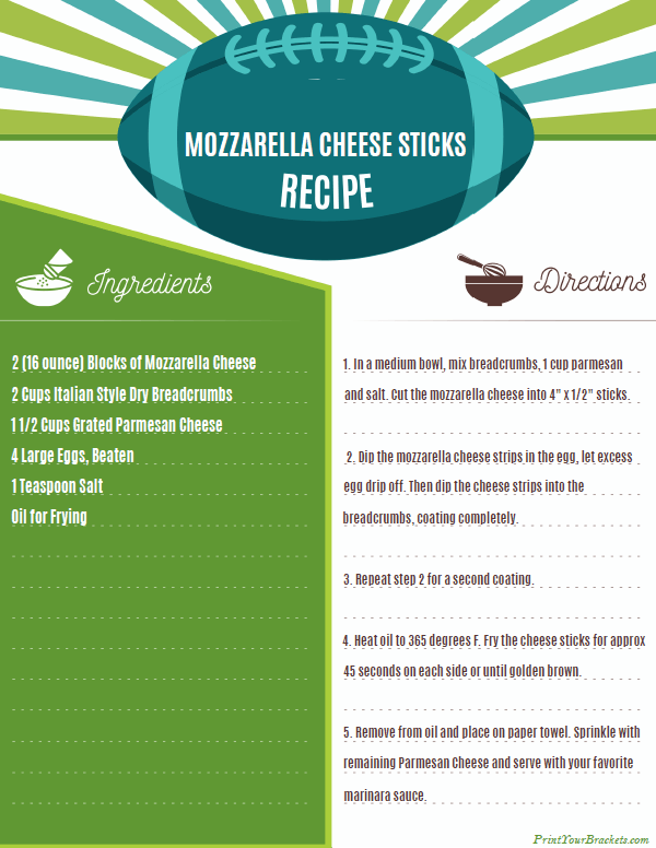 Printable Mozzarella Cheese Sticks Recipe for Super Bowl