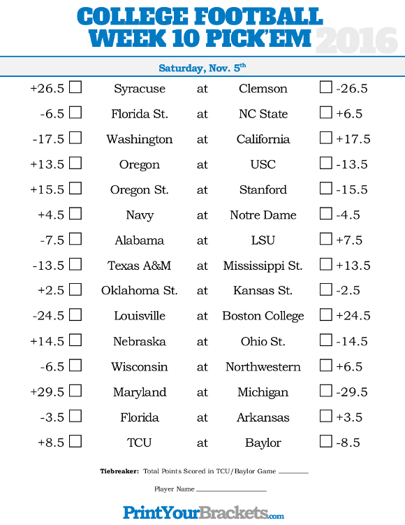 College Football Pick'em Printable Sheets Printable Word Searches