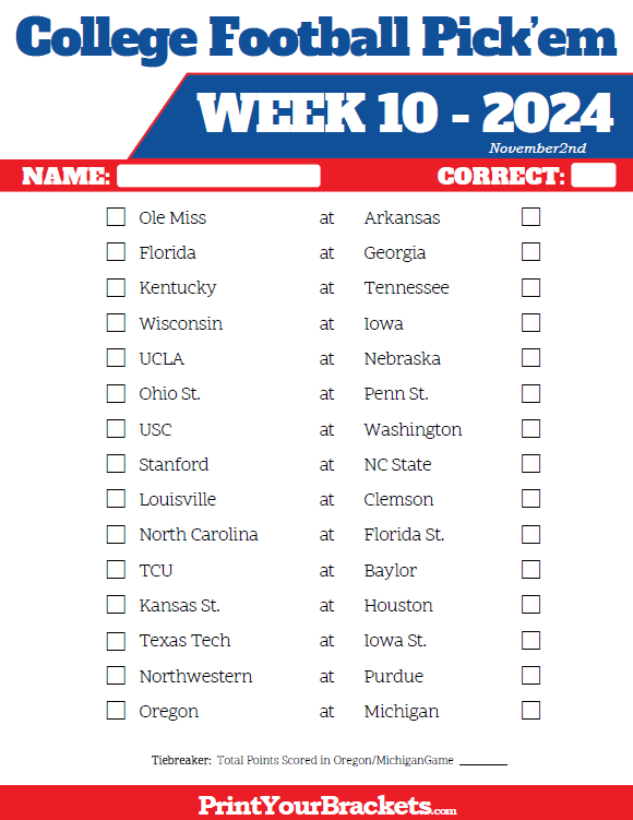 Printable College Football Week 10 Pick 'em Sheets