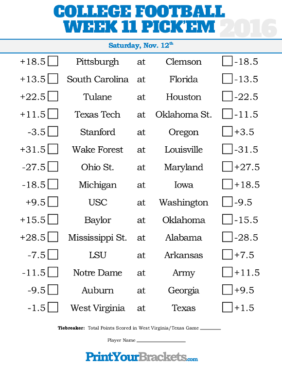 Week 11 College Football Pick'em Sheets Printable