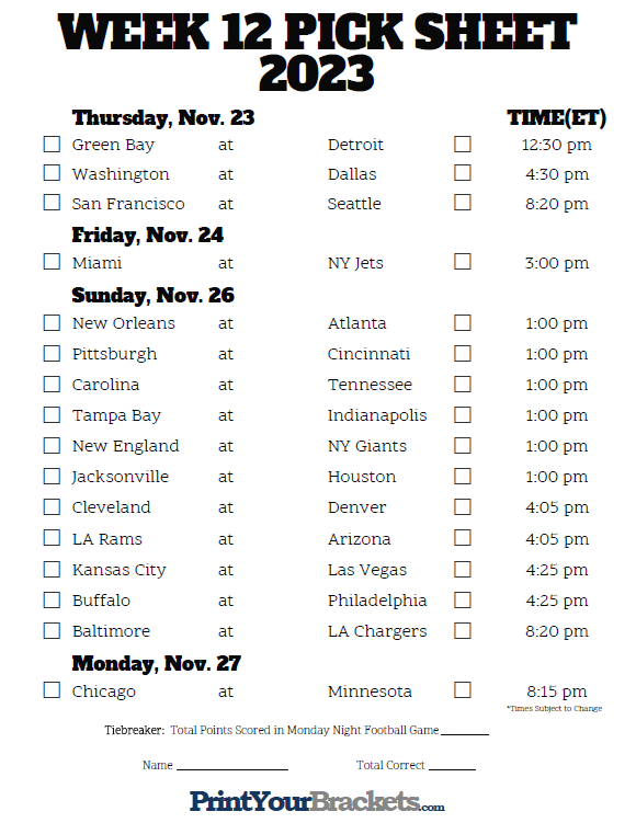 Printable NFL Week 12 Schedule Pick em Pool 2022