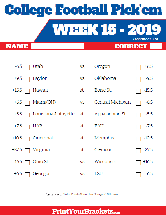 Printable College Football Week 15 Pick 'em Sheets