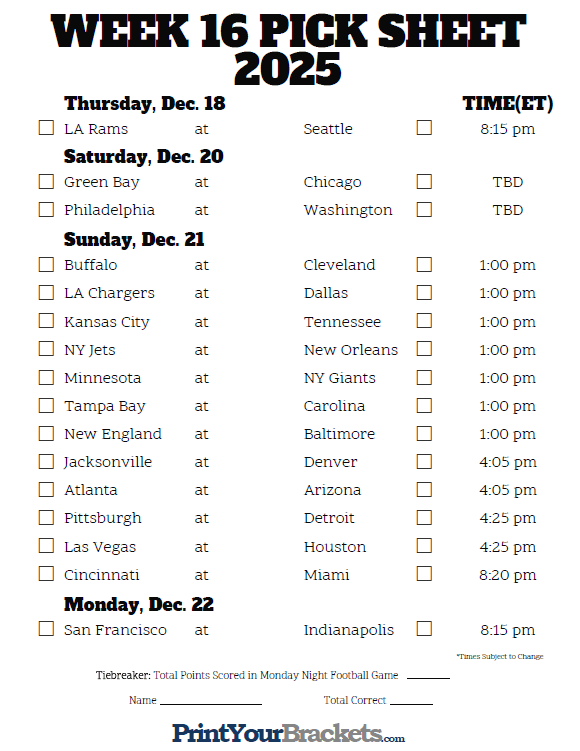 Nfl Week 16 Printable Schedule Customize And Print