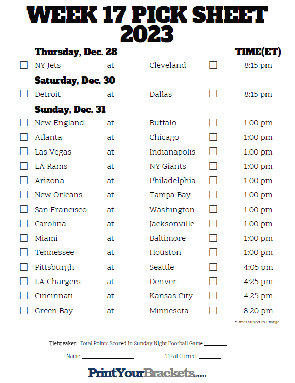 Printable NFL Week 17 Schedule Pick em Pool 2023
