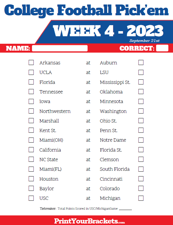 Printable Week 4 College Football Pick'em Sheets - 2020