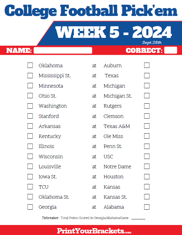 Printable College Football Week 5 Pick 'em Sheets