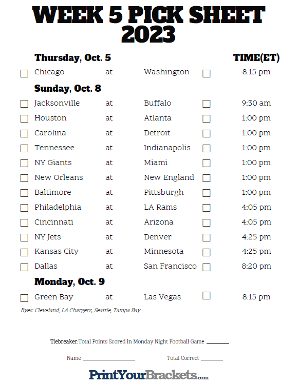 Printable Week 5 NFL Schedule Pick Em Sheets