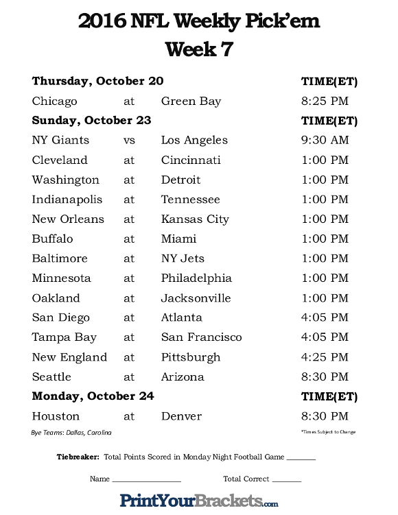 Printable NFL Week 7 Schedule Pick Em Office Pool 2016
