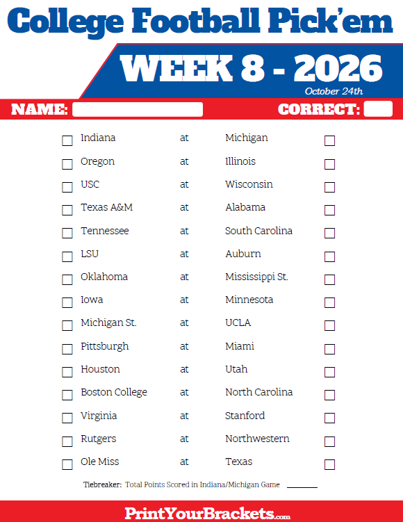 Printable Week 8 College Football Pick em Sheets 2023