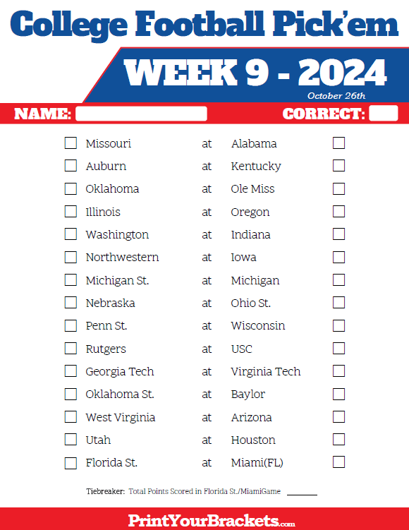 Printable College Football Week 9 Pick 'em Sheets