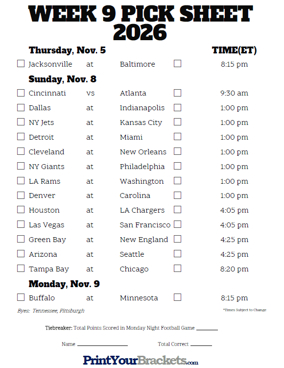 Nfl Week 8 Printable Bracket