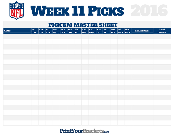 NFL Week 11 Picks Master Sheet Grid