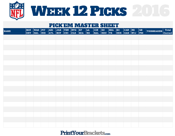 NFL Week 12 Picks Master Sheet Grid