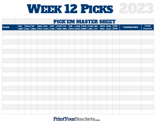 NFL Week 12 Picks Master Sheet