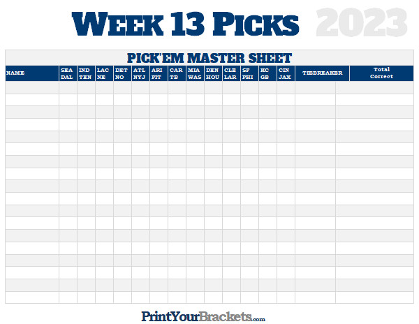 NFL Week 13 Picks Master Sheet Grid - 2023