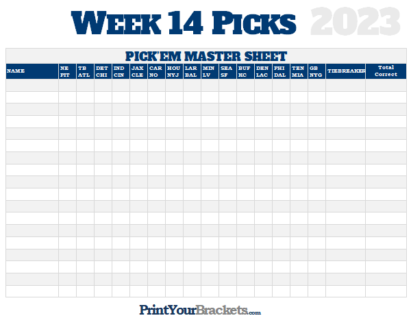 NFL Week 14 Picks Master Sheet