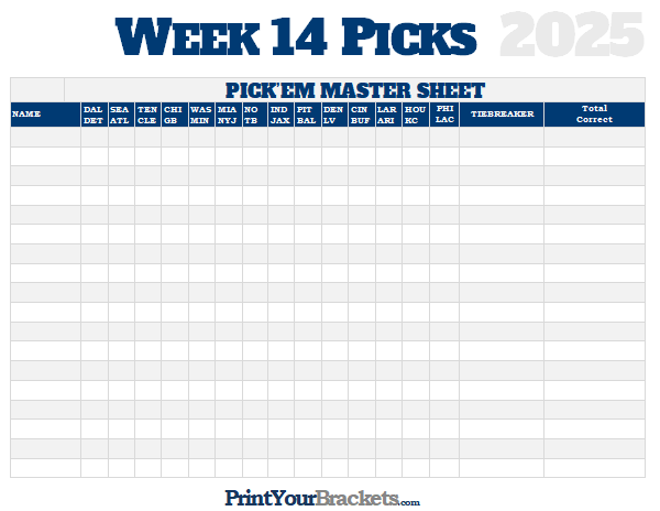 NFL Week 14 Picks Master Sheet Grid 2023