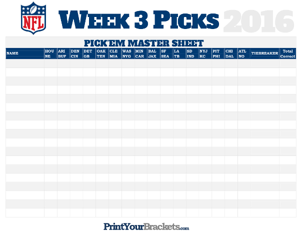 NFL Week 3 Picks Master Sheet Grid