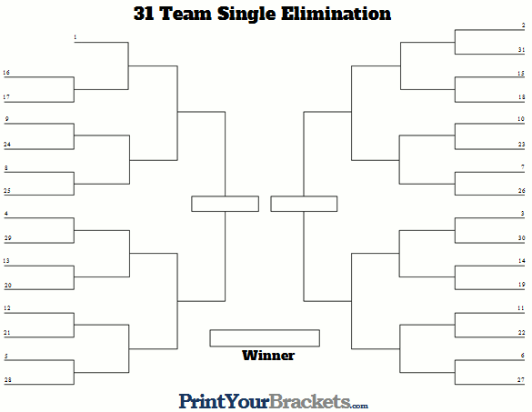 Printable 31 Team Seeded Single Elimination Tournament Brackets